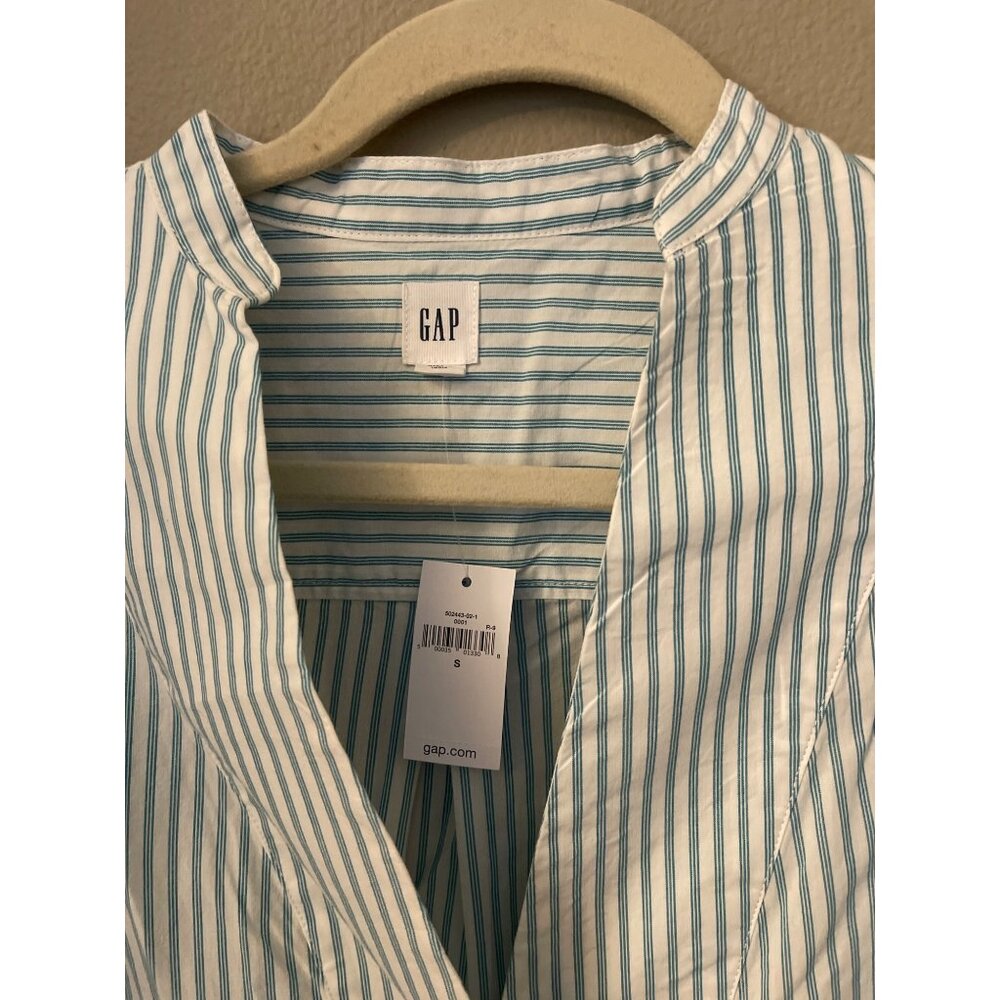 Gap Womens Cotton Blouse Striped Teal White Bib Long Sleeve Size Small - Picture 2 of 7